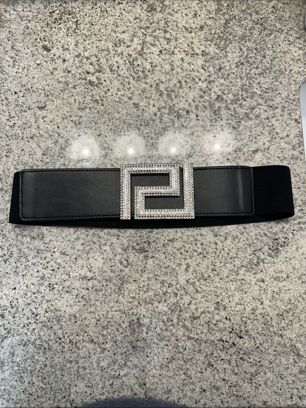 Black Elastic Waist Belt with Crystal Geometric Buckle